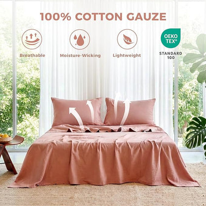 Sheets Queen Size Bed Set Cotton Bed Sheets Gauze 4 Pcs Mocha Brown Sheets Set 16" Deep Pocket Sheet & Pillowcase Sets Boho Muslin Queen Soft Queen All Season Bedding Sets
