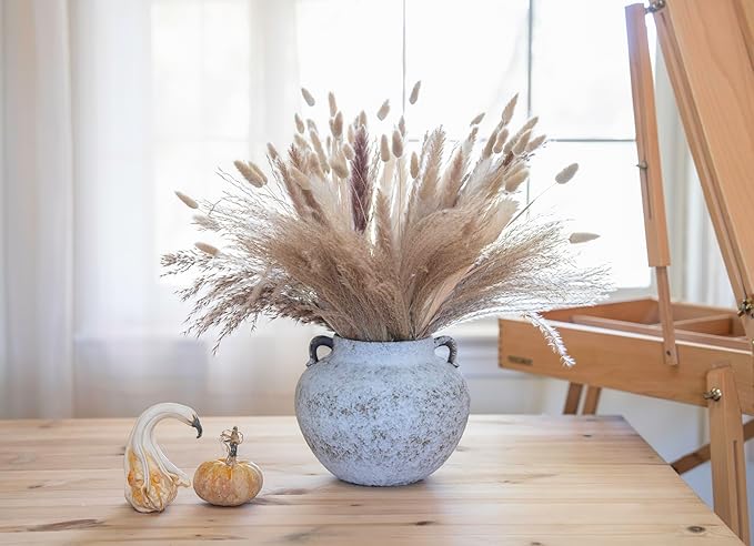 Rustic White Two-Ear Ceramic Vase with Hand-Glazed, Textured Pottery Vase with Two Ears for Centerpieces, Kitchen, Living Room, Bedroom Decor Gifts (Rustic White, Short)