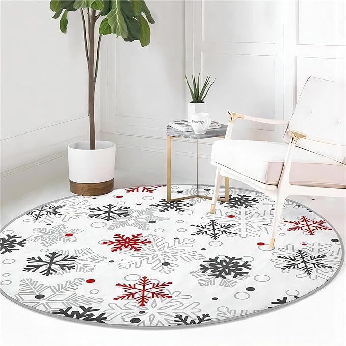 Christmas Area Rug, 7ft, White Round Rug, Christmas Winter Snowflake Rug, Modern Minimalist Living Room Decoration Rug, Soft Non-Slip Washable Mat, Living Room Bedroom Bedside Sofa