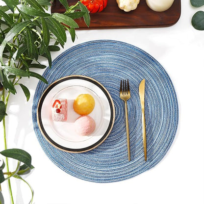 SHACOS Round Braided Placemats Set of 4 Dining Table Placemats 15 inch Circle Place Mats Easy to Clean Table Mats Indoor Outdoor, Blue Gray