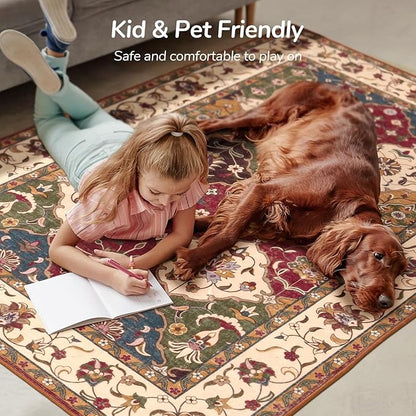 Lessymo Moroccan Washable Rugs for Entryway, Polyester 2x3 Small Area Rug for Kitchen Bathroom Corridor - Non-Slip Indoor Door Mat Low Plie Stain Resistant Boho Runner Rug, Classic Red and Cream