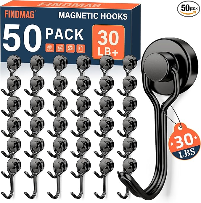 FINDMAG 50 Pack Magnetic Hooks, 30lbs+ Magnetic Hooks Heavy Duty for Cruise, Strong Magnet Hooks for Fridge, Neodymium Magnets with Hooks for Kitchen, Grill, Home, Garage, Toolbox (Black)