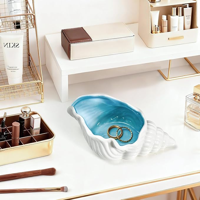 Conch Shell Ceramic Jewelry Tray, Blue White Ring Holder Dish, Decorative Trinket Dish for Rings Earrings Necklaces Bracelet Keys