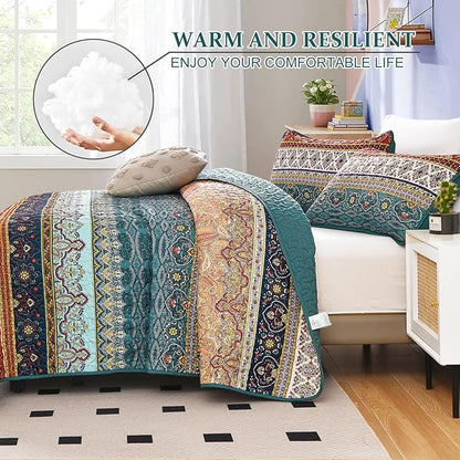 WONGS BEDDING Boho Quilt Set California King, Green and Brown Bohemian Striped Pattern Printed Quilt Coverlet, Lightweight Microfiber Bedspread for All Season 106"x96"(3 Pieces, Cal King)