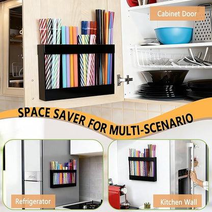 9.5" Large Acrylic Straw Holder for Cabinet Door-Reusable Tumbler Straw Organizer Storage,Small Kitchen Organizers and Storage Accessories Container, Ultra Sticky Cupboard Door Mounted(Black)