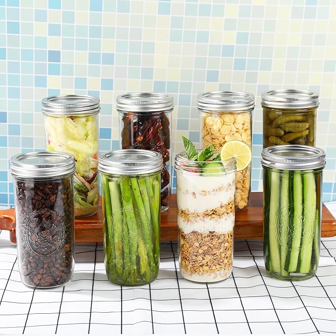 Mason Jars Wide Mouth 24oz - 8 pack Glass Pickle Canning Jars Food Storage With Airtight Mason Jar lids and Bands for Canning, Preserving, Fermenting, Pickling, DIY Projects