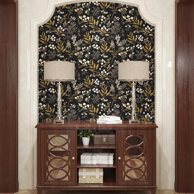 Black Gold Wallpaper Peel and Stick Dark Floral Wallpaper 17.5in x 118in Vintage Leaf Contact Paper Vinyl Waterproof Self Adhesive Boho Botanical Wall Paper for Bedroom Cabinet Décor