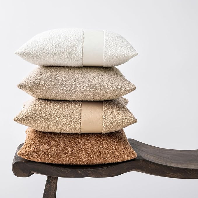 18"x18" Oatmeal Boucle Throw Pillow Covers with Faux Leather Accents Set of 2 Fluffy Textured Decorative Pillow Cases for Couch Bed Boho Farmhouse Square Cushion Covers for Nordic Home Décor