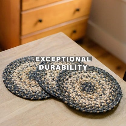Homespice Kilimanjaro Jute Woven Round Placemats Set of 6, 15", Warm Primitive Decor, Black and Tan Table Mats - Vibrant Colors, Durable, Easy to Clean and Protects Furniture