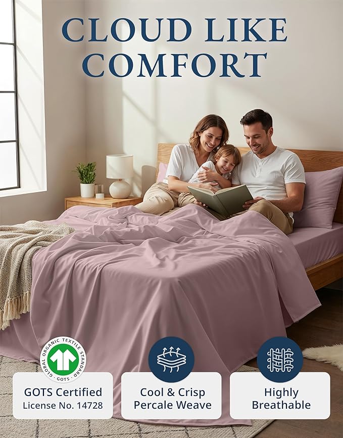 LANE LINEN 100% Organic Cotton Cal King Size Bed Sheets, Sustainably Produced Okeo Tex Certified California King Cotton Sheets, Luxury Hotel Percale Soft & Comfy Comes in Variety of Colors -Lilac