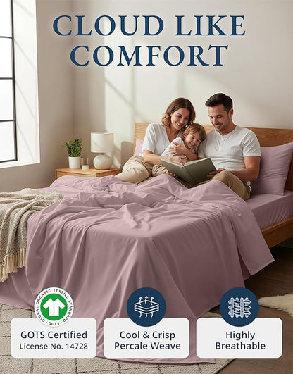LANE LINEN 100% Organic Cotton Cal King Size Bed Sheets, Sustainably Produced Okeo Tex Certified California King Cotton Sheets, Luxury Hotel Percale Soft & Comfy Comes in Variety of Colors -Lilac