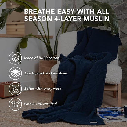 Goqan Throw Blanket 55x60 – 100% Turkish Cotton 4 Layer Boho Muslin Blanket for Adults, Four Season Blanket Lightweight and Thin, Soft, Breathable for Bed, Couch, Picnic - Navy