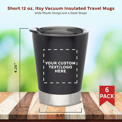 Personalized 12 oz. Itsy Vacuum Insulated Travel Mugs - 6 Pack - Custom Text, Logo - Black