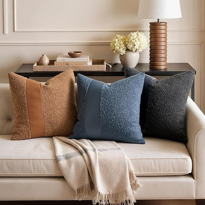 MIULEE Boucle Throw Pillow Covers 20x20 Inch Set of 2 Black Faux Leather Textured Decorative Pillow Cases Boho Farmhouse Accents Cushion Covers for Couch Bed Livingroom Home Decor