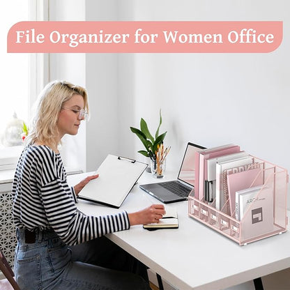 SUPEASY Desk Organizers Metal Desk Magazine File Holder with 5 Vertical Compartments Rack File Organizer for Office Desktop, Home Workspace, Pink
