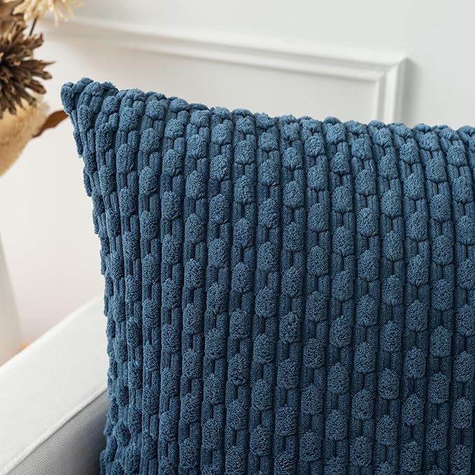 Kevin Textile 12x24 Inch Pillow Cover 1 Pack Boho Decorative Soft Striped Corduroy Lumbar Farmhouse Solid Color Accent Rectangle Cushion Case for Living Room Couch Sofa Bed, Blue