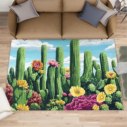 Cactus Living Room Rugs, Desert Oasis Area Rugs 3x5 Rug Succulents Non-Slip Washable Rugs Stain Resistant Rug Low-Pile Throw Rug for Bedroom Dining Room Office