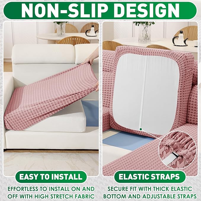 MAXIJIN Couch Cushion Covers for Sectional Sofa, Stretch Sofa Cushion Cover Washable Furniture Protector with Elastic Bottom & Non-Slip Strap for Pets Kids (3PC Seat Cover, Pink)