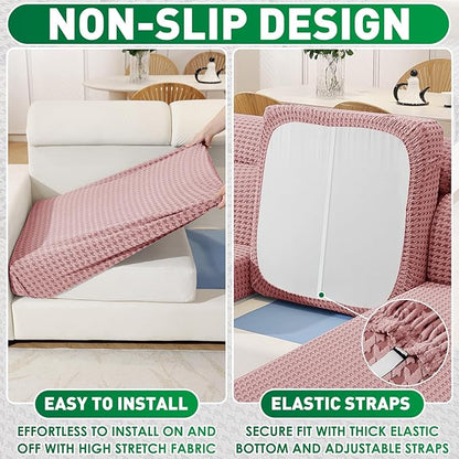 MAXIJIN Couch Cushion Covers for Sectional Sofa, Stretch Sofa Cushion Cover Washable Furniture Protector with Elastic Bottom & Non-Slip Strap for Pets Kids (3PC Seat Cover, Pink)