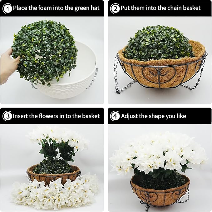 Hanging Planters with Plant Hangers for Indoor Outdoor Decor 2 Pack Artificial White Bougainvillea 30CM Half-Round Coconut Fiber Wall-Mounted Hanging Baskets with Sturdy Iron Chain and Frame