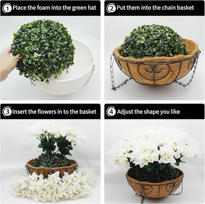 Hanging Planters with Plant Hangers for Indoor Outdoor Decor 2 Pack Artificial White Bougainvillea 30CM Half-Round Coconut Fiber Wall-Mounted Hanging Baskets with Sturdy Iron Chain and Frame