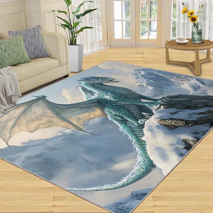 Dragon Area Rug 6x9 Washable Rug Fantasy Animals Rugs for Living Room Winter Landscape Non Slip Carpet Floral Print Mat Bedroom Bathroom