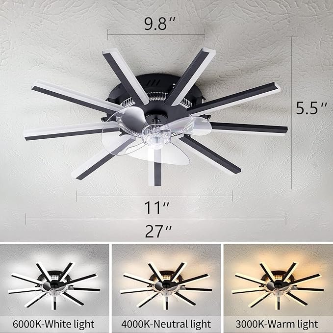 HuixuTe 27" Black Straight Strip Ceiling Fan with Lights Remote Control, 3 Colors 6 Speeds Low Profile Ceiling Fan with Light for Kitchen Bedroom