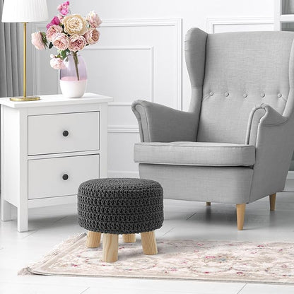 Casafield Pouf Ottoman Footstool, 13" Round x 11" High, Hand-Knitted Cotton Footrest, Non-Skid Wood Legs, Boho Foot Stool for Living Room, Bedroom (Gray)