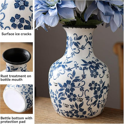Blue and White Flower Vase Vintage Chinoiserie Floral Ceramic Vase Handcrafted Round Flower Vase for Home Decor Centerpieces Living Room, Bookshelf, Office Rustic Table Centerpiece 9 in