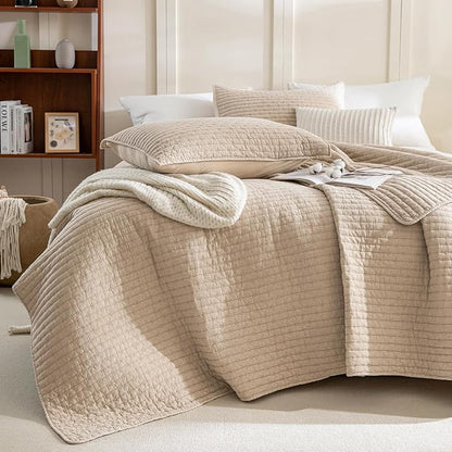 Sanracie Oversized King Bedspread (128"x120"), 100% Cotton Cross Stitch Pattern California King Coverlet Quilt Set 3Pcs Warm Taupe Colored Lightweight Extra Large King Bed Quilt for All Season