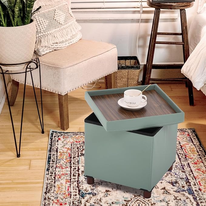 Storage Ottoman, Ottoman with Storage for Living Room Square Ottoman with Tray Lid Bedroom Storage Footstool Cube Small Ottomans Foot Rest Stool with Legs Foldable Faxu Leather 15" Inches