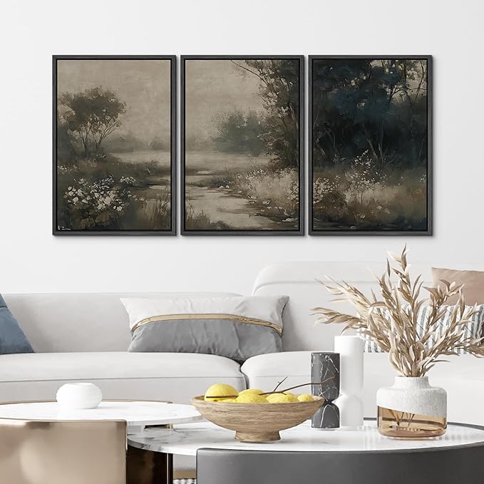 MUDECOR Framed Wall Art Print Set Vintage Landscape Subtle Forest and River in Earthy Tones Illustrations Modern Art Boho Decorative Colorful Chic for Living Room, Bedroom, Office - 24"x36"x3 Black