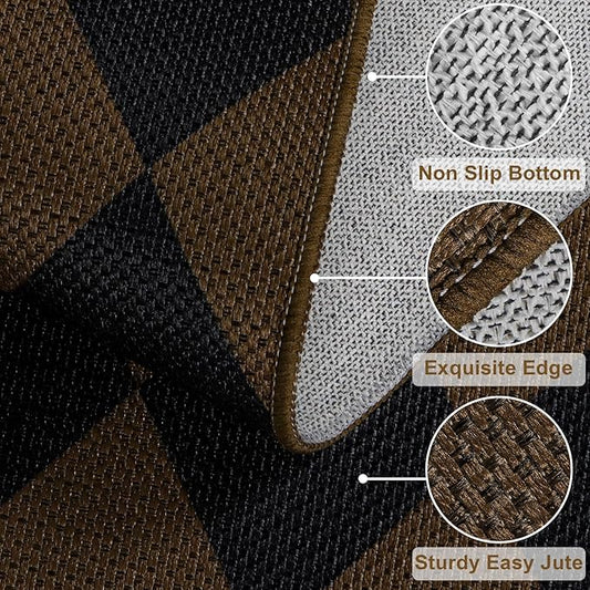 Easy Jute Checkered Entryway Rug, 2.6x4 Coffee Modern Indoor Outdoor Doormat Non-Slip Washable Kitchen Rug, Neutral Farmhouse Diamond Throw Rugs for Entrance Bedroom Porch Patio