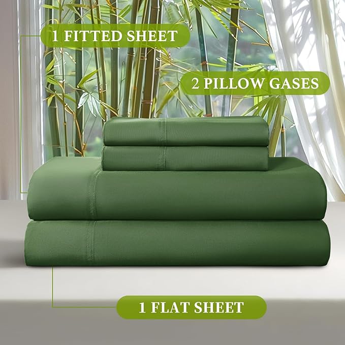 Shilucheng 100% Viscose Derived from Bamboo_ Sheets Queen Size 4pcs - Ultra Cooling & Silky Soft Bed Sheets, 16" Deep Pocket, Perfect for Hot Sleepers, Hotel Bedding Sheets (Olive)