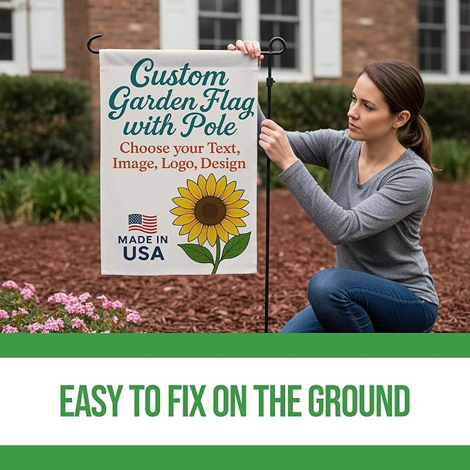 Custom Garden Flag with Pole Stand by BCB – Personalized Outdoor Garden Flags | Double-Sided Yard Flag with Stand | Decorative Seasonal Garden Flag Holder Set – 12”x18” | Made in USA