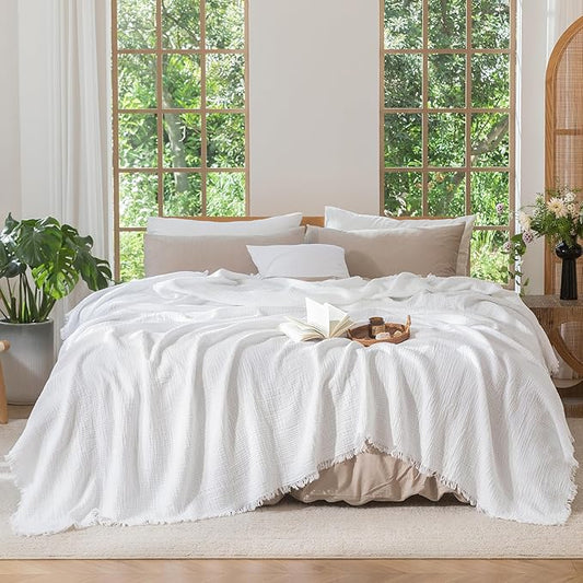 MooMee Muslin Blanket - 100% Cotton 4-Layer Gauze Throw Blanket with Tassels Ultra-Soft Breathable Lightweight Cooling for Bed Couch (Bright White,Oversized Queen 98" x 98")
