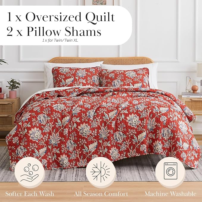 Southshore Fine Living, Inc. Oversized Quilt Bedding Set, 2-Piece Twin XL Coverlet with Matching Sham, Jacobean Willow Floral Coverlet, All Season Quilt Bedspread, Lightweight Twin Quilts, Red