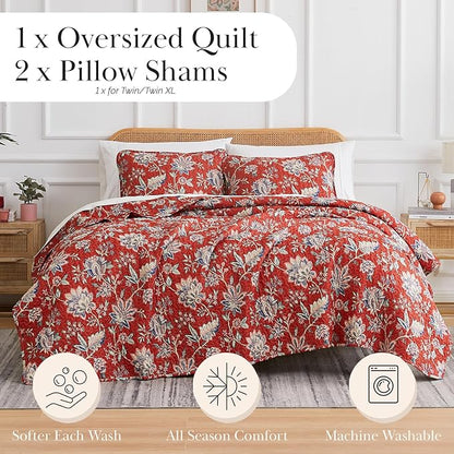 Southshore Fine Living, Inc. Oversized King Quilt Bedding Set, Jacobean Willow Floral Quilt Set with 2 Matching Pillow Shams, Lightweight California King Bed Spread, Soft Microfiber Fabric, Red