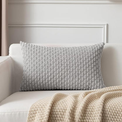 Kevin Textile 14x20 Inch Pillow Cover 1 Pack Boho Decorative Soft Striped Corduroy Lumbar Farmhouse Solid Color Accent Rectangle Cushion Case for Living Room Couch Sofa Bed, Light Grey