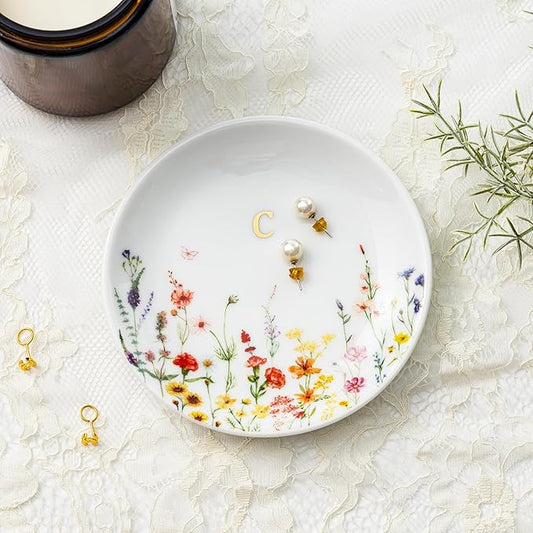 Crisky Initial Jewelry Tray Ring Dish & Gift Box, Ceramic Flower Trinket Dish for Rings Earrings Necklaces Keys, Bridal Shower Engagement Birthday Gift for Women, Friends 4.57" (Gold Foil C