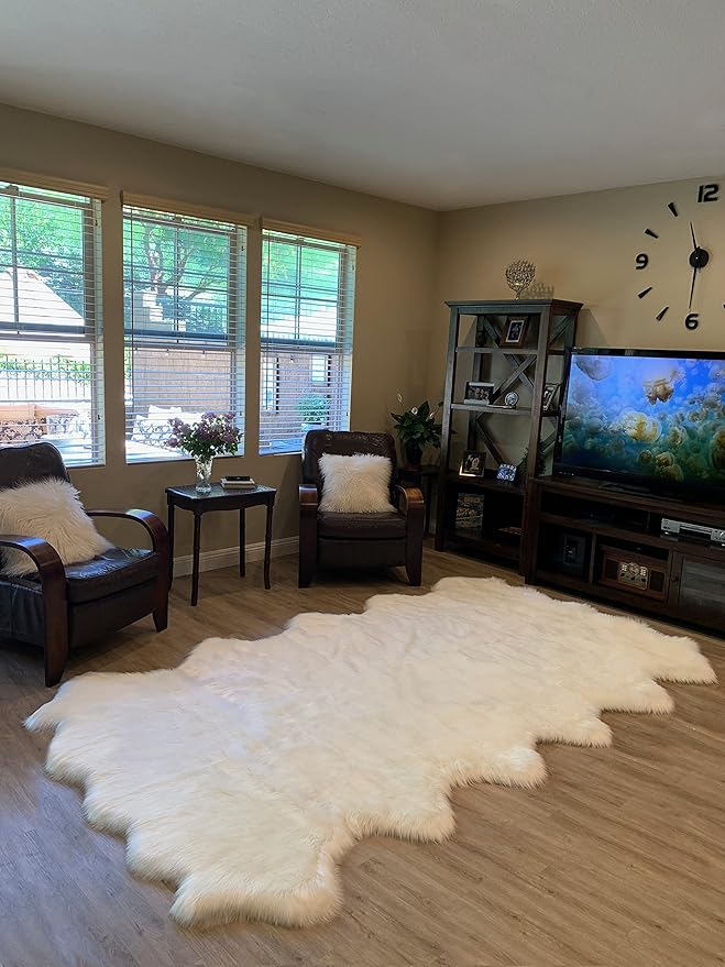 LAMBZY Faux Sheepskin Super Soft Hypoallergenic Silky Shag Rug for Living Room, Kids Room, Sofa (Duo Decto 12 Pelts 6'x12', White)