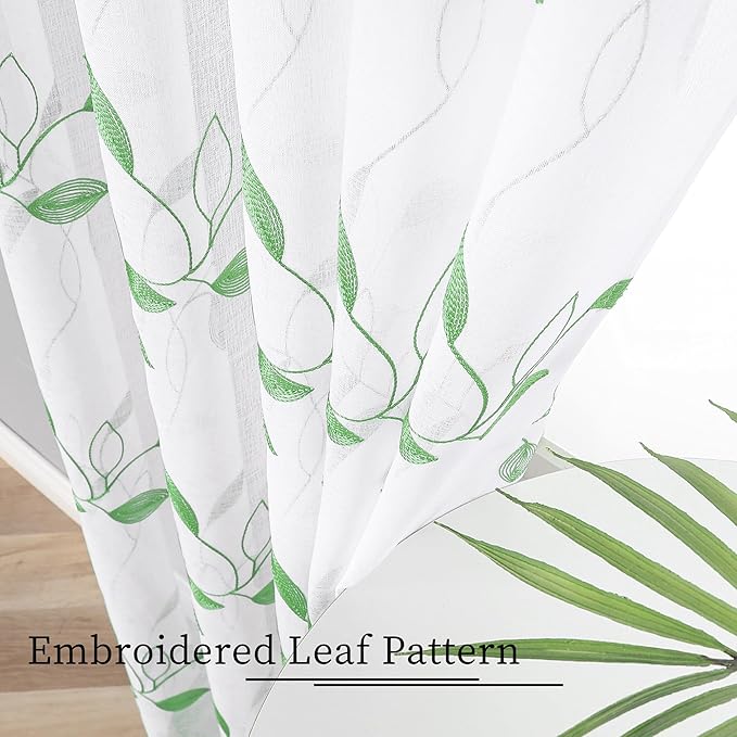 Tollpiz Green Leaf Sheer Curtain Leaves Embroidered Living Room Short Curtains Rod Pocket Voile Window Treatment for Bedroom, 54 x 54 inches Long, Set of 2 Panels
