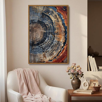 IBHJSART Framed Tree Ring Canvas Wall Art Vintage Colorful Wood Stump Painting Prints Modern Minimalist Pictures Neutral Nature Rustic Farmhouse Decor Living Room Bedroom Bathroom Office