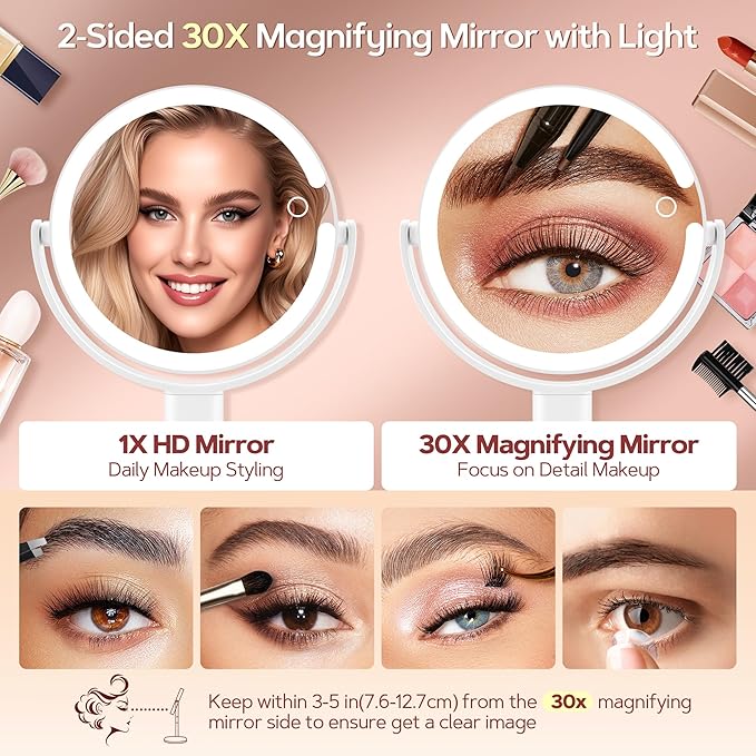 B Beauty Planet Vanity Mirror with Lights, 30X Magnifying Makeup Mirror with 3 Lighting and Adjustable Brightness, Rechargeable 2-Sided Height Adjustable Desk Mirror for Bathroom, Women Gifts for Mom