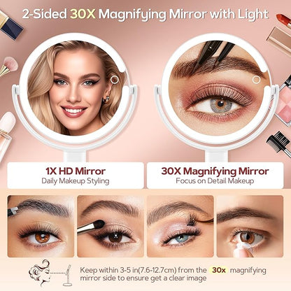 B Beauty Planet Vanity Mirror with Lights, 30X Magnifying Makeup Mirror with 3 Lighting and Adjustable Brightness, Rechargeable 2-Sided Height Adjustable Desk Mirror for Bathroom, Women Gifts for Mom