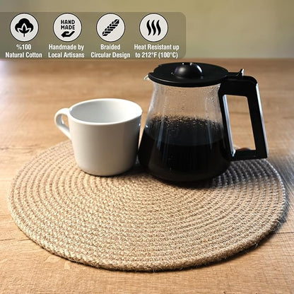 Round Placemats Set of 6, Handmade by Braided Natural Jute for Kitchen and Dining Table, Dia. 12.6 Inch, Heat Resistant, Doublesided, Light Brown