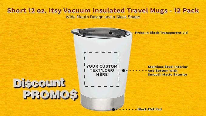 Personalized 12 oz. Itsy Vacuum Insulated Travel Mugs - 12 Pack - Custom Text, Logo - White