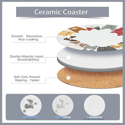 6 Pcs Coasters for Drinks with Holder,Cute Cats and Dogs Absorbent Coaster with Cork Backing,Great Gift for Housewarming,Room Decor,Bar,Holiday Party