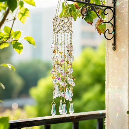H&D HYALINE & DORA 15.5 Inch Crystal Suncatcher Hanging Window Sun Catcher with Colorful Beads Chain Gold-Plated Rainbow Maker for Indoor Outdoor Garden Christmas Decoration
