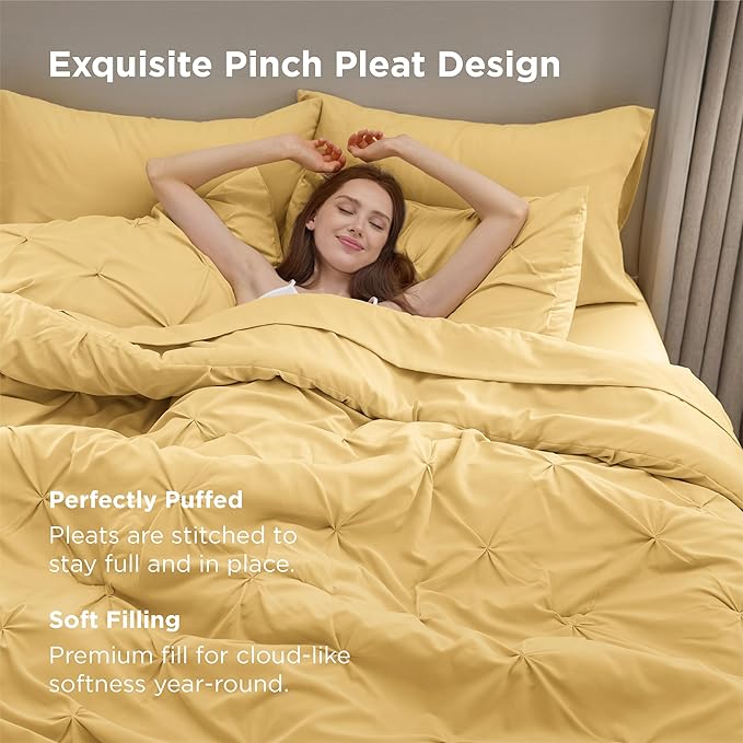 Bedsure King Size Comforter Set Yellow - Bed in a Bag Bedding Set 7 Pieces, GentleSoft™ Pintuck Bed Set Gift for Family, Pinch Pleat Yellow Comforter with Sheets, Pillowcases & Shams